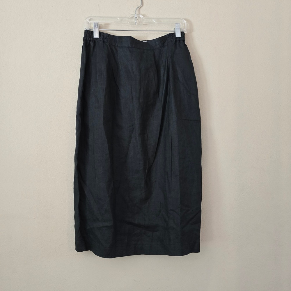Ann Gerlin Black 100% Linen Midi Skirt Elastic Waist Pockets Size 12